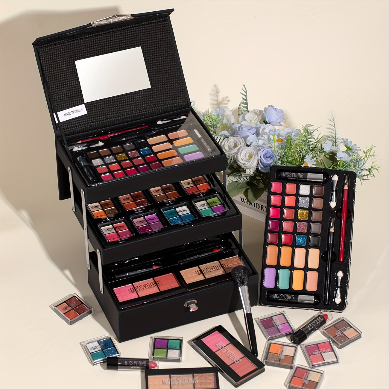 53pcs Night Black Step Case Makeup Set - Portable, Waterproof Design with Eyeshadow, Highlighter, Blush, Concealer, Lip Gloss, Eyeliner, Eyebrow Pencil, Brushes Tidesmit