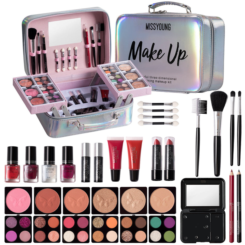 Fashion Streamer Silvery Professional Travel Case: Includes eyeshadow and blush, lipstick, mascara, eyeliner, foundation, brush, etc. -Instant freshness from gym to office, easy and stylish travel, gift for all girls, Gym Es Tidesmit