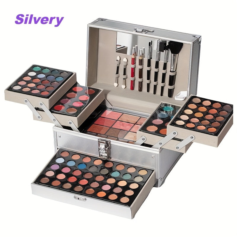 127pcs Portable Cosmetic Set | Leopard Print Gift Box with Lipstick, Eye Shadow, Highlight Powder, Rainbow Color Cosmetics, Includes Cosmetic Tools and Case, Ideal for Gifting Silvery Tidesmit