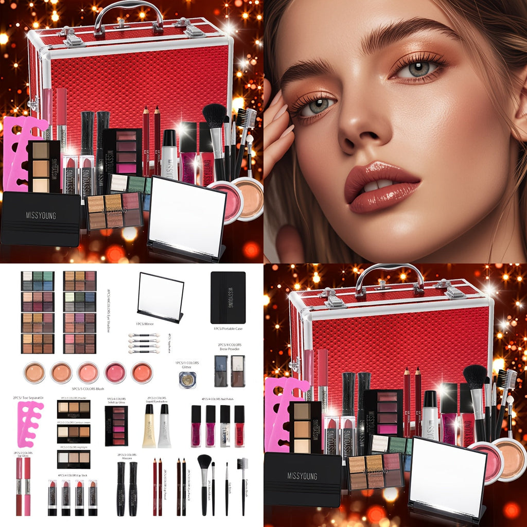 Waterproof All-in-1 Makeup Gift Box Set, Including Makeup Brushes, Blush, Lip Gloss, Eye Shadow Palette, Lipstick, Mascara, Built-in Mirror for Easy Makeup Touch-ups, A Full Set Of Makeup Tool-Ideal Gift Tidesmit