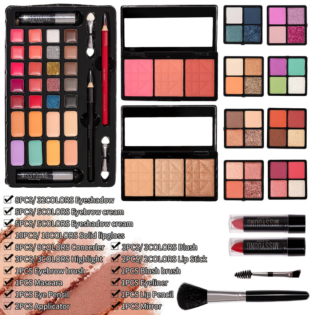 53pcs Night Black Step Case Makeup Set - Portable, Waterproof Design with Eyeshadow, Highlighter, Blush, Concealer, Lip Gloss, Eyeliner, Eyebrow Pencil, Brushes Tidesmit