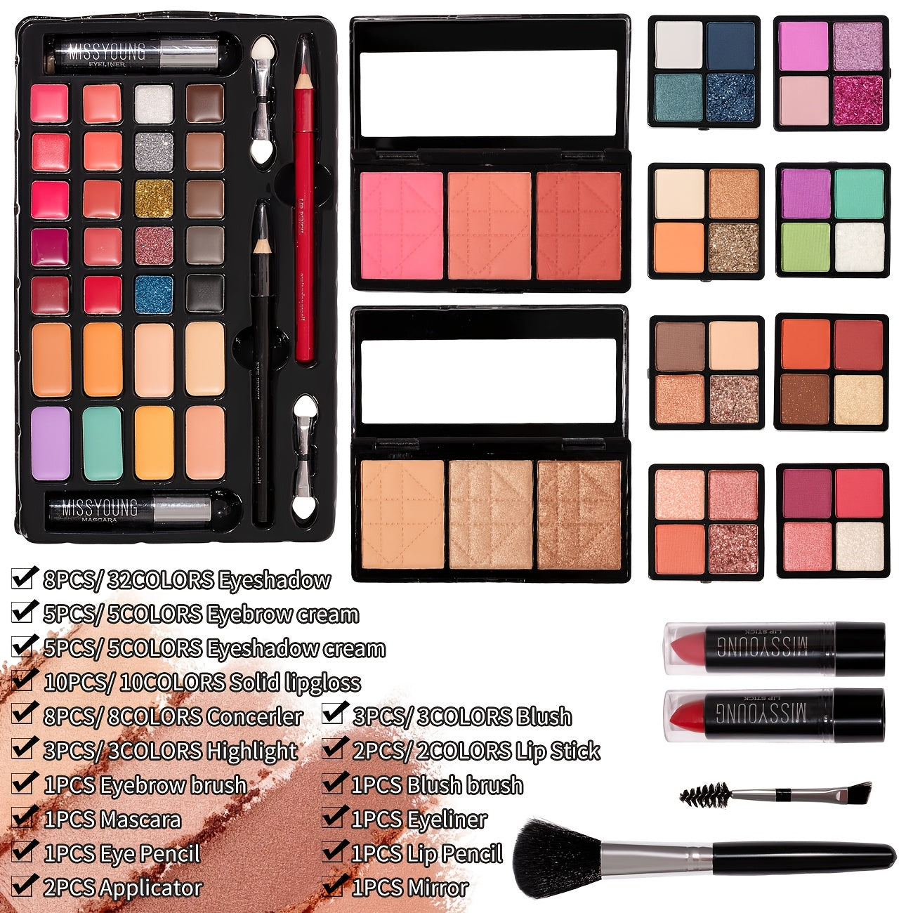53pcs Night Black Step Case Makeup Set - Portable, Waterproof Design with Eyeshadow, Highlighter, Blush, Concealer, Lip Gloss, Eyeliner, Eyebrow Pencil, Brushes Tidesmit