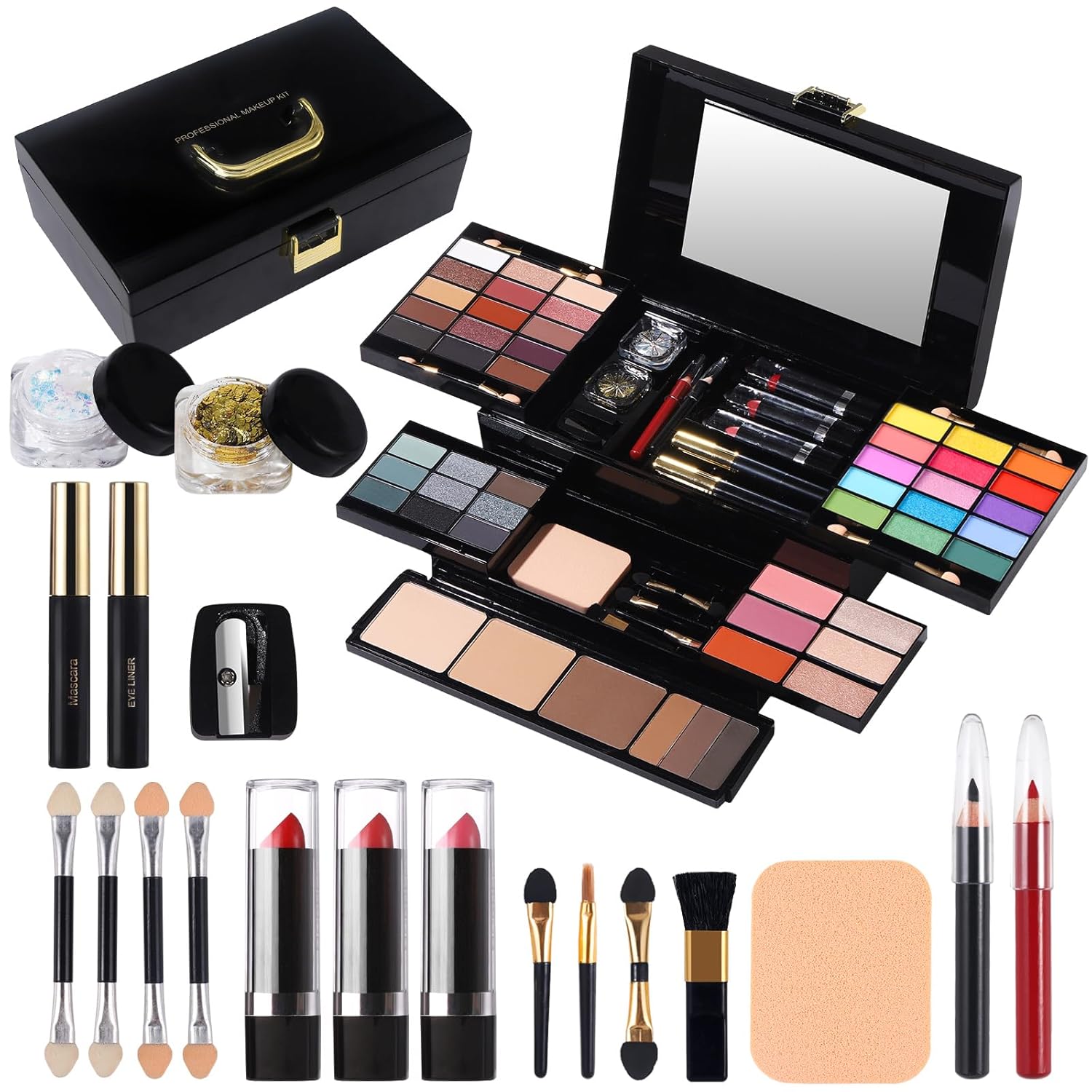 Christmas Makeup Kit 60 Colors All in One Set with Mirror | Includes Blusher, Highlighter, Compact Powder, Brow Powder, Lipstick, Glitter, Eyeliner, Mixed Color System, Paste Form | Makeup Gift for Women 60 Colors 02 Tidesmit