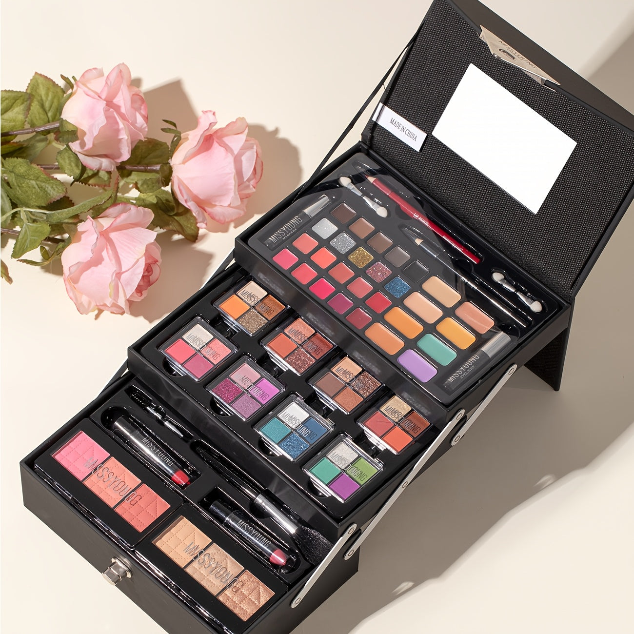 53pcs Night Black Step Case Makeup Set - Portable, Waterproof Design with Eyeshadow, Highlighter, Blush, Concealer, Lip Gloss, Eyeliner, Eyebrow Pencil, Brushes Tidesmit