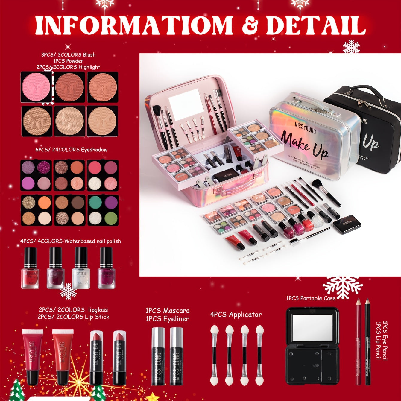 All-in-One Complete Makeup & Nail Kit Gift Set with Cosmetics (Nail Polish, Mascara, Eyeshadow) - Full Range Face, Eye & Lip Product Line, Multi-Functional Beauty Box with Brushes & Mirror - Perfect Birthday/Christmas/Holiday Tidesmit