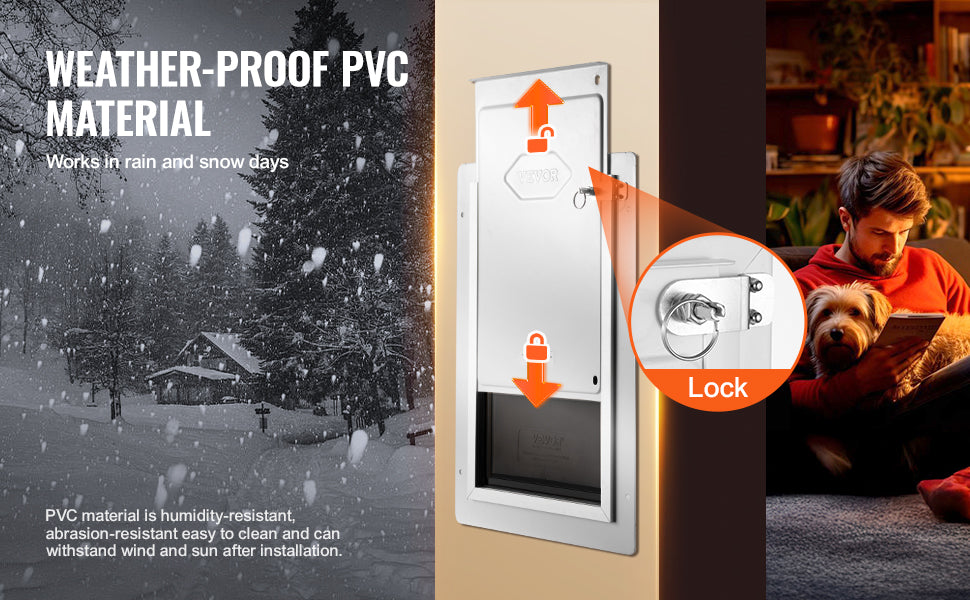 Weatherproof white pet door with secure lock and 3-flap system for easy exterior wall installation.
