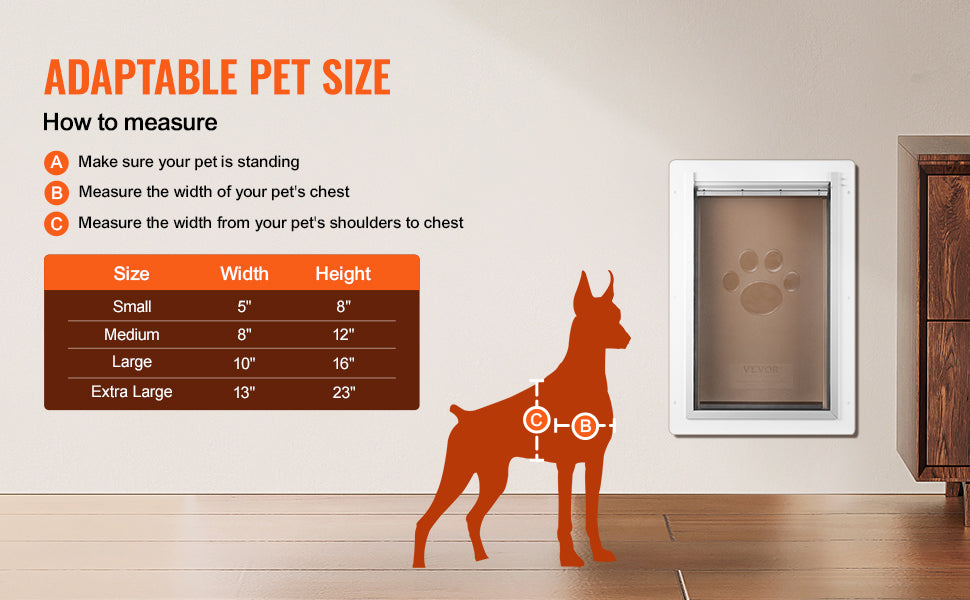 SucceBuy weatherproof metal frame pet door with 3-flap system and size guide for easy wall installation.