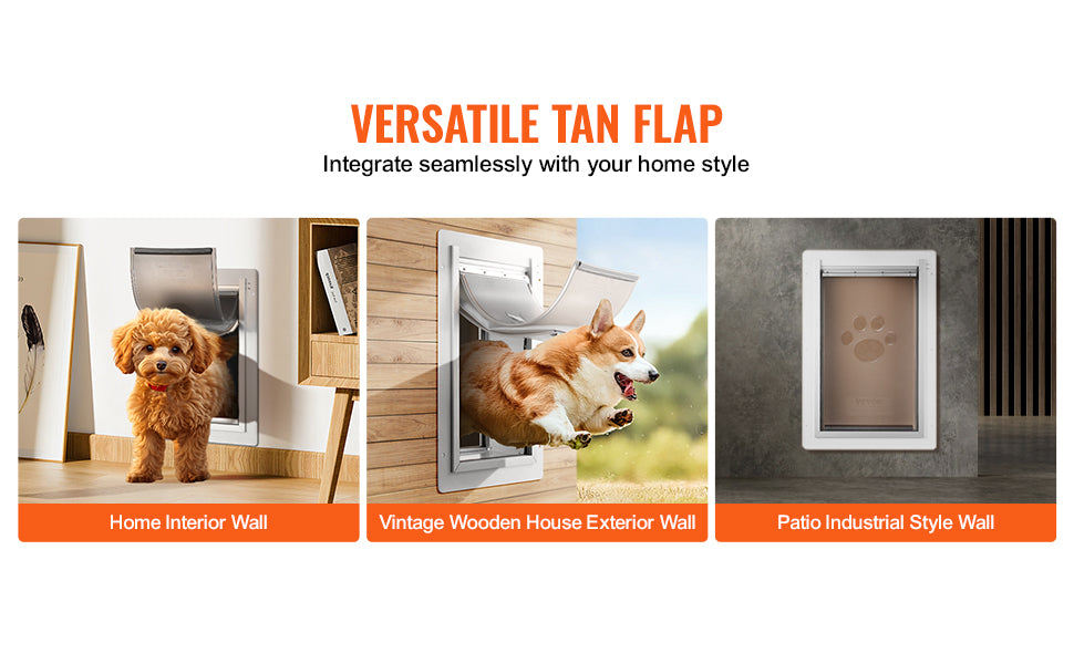 SucceBuy weatherproof metal pet door with 3-flap system for easy indoor and outdoor wall installation.