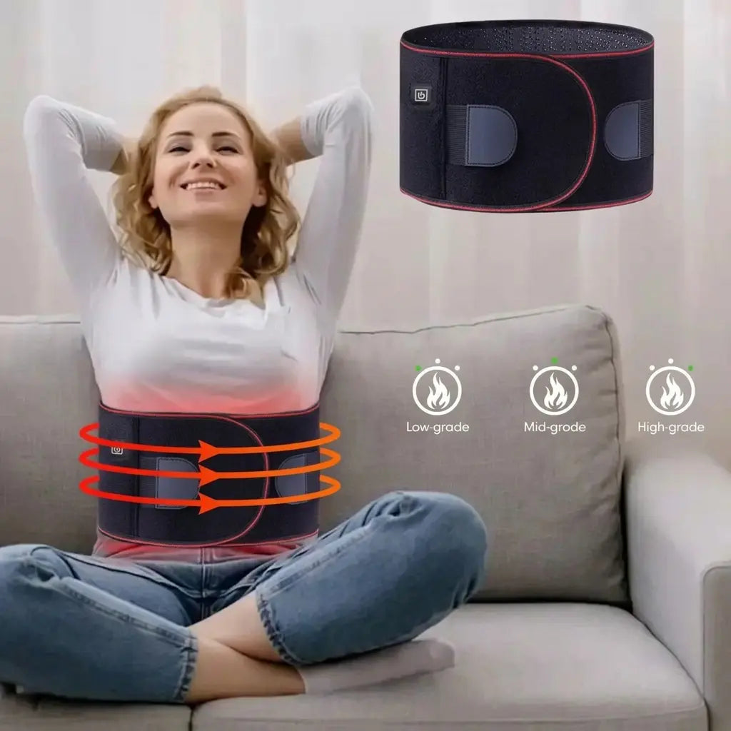 Black thermal lumbar light therapy belt with red edge trim and side control panels