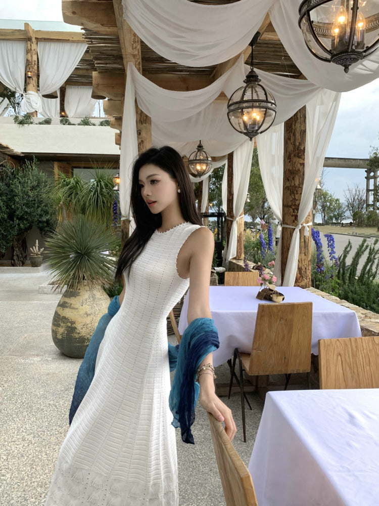 CHUJIE 2025 Summer 3-Piece French Style Set - Knit Maxi Dress + Sleeveless Top + Cover-Up, Pearl & Hollow Out, Viscose+Nylon