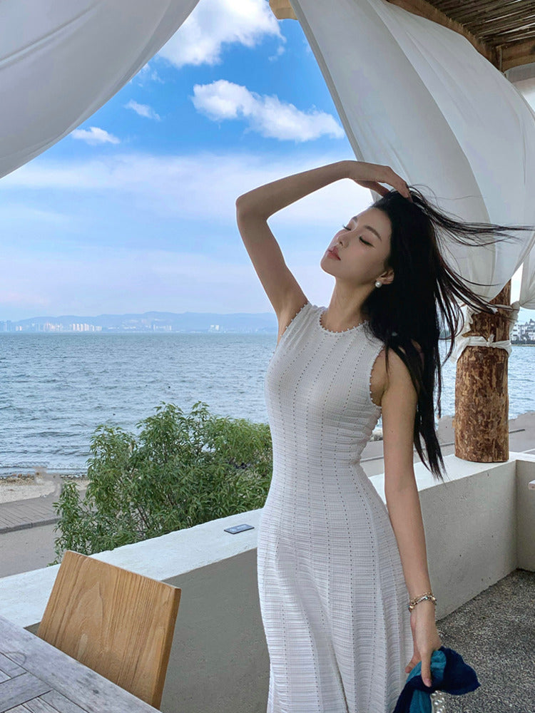 CHUJIE 2025 Summer 3-Piece French Style Set - Knit Maxi Dress + Sleeveless Top + Cover-Up, Pearl & Hollow Out, Viscose+Nylon